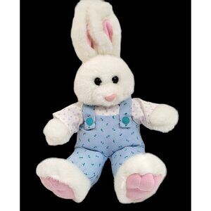 Bunny Rabbit Print Overalls Shirt Plush Stuffed 15" Wired Ears Easter Spring